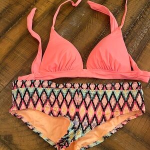 Vibrant Pink Bikini Top with Patterned Bottoms